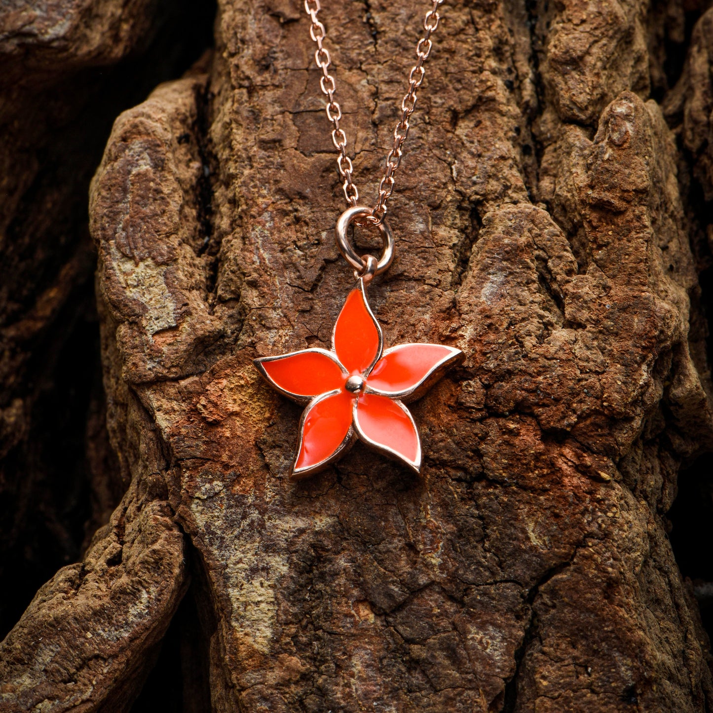 14K Rose Gold Orange Enamel Flower Necklace - Dainty Floral Pendant Gift for Her