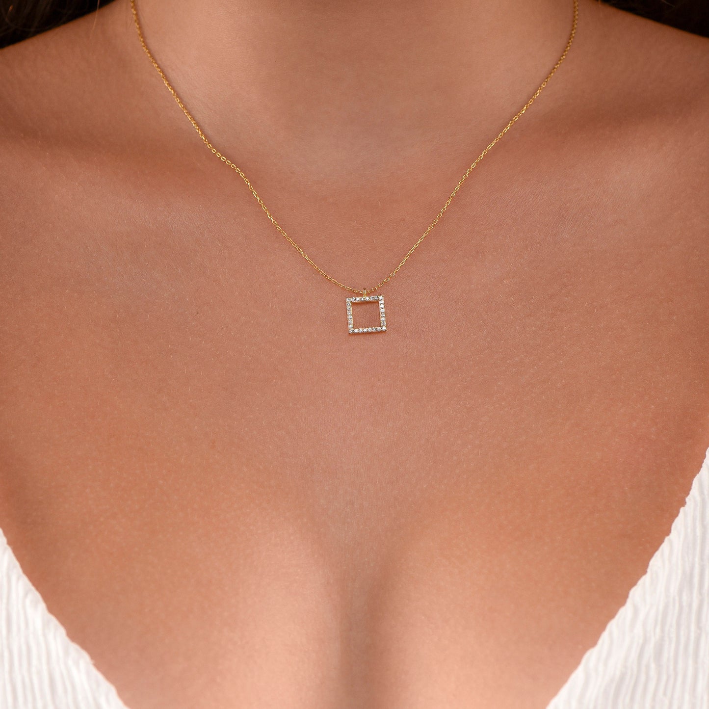 Solid Gold Square Diamond Necklace - Dazzling Statement Piece-Solid Gold Diamond Necklace- Gift for Mom