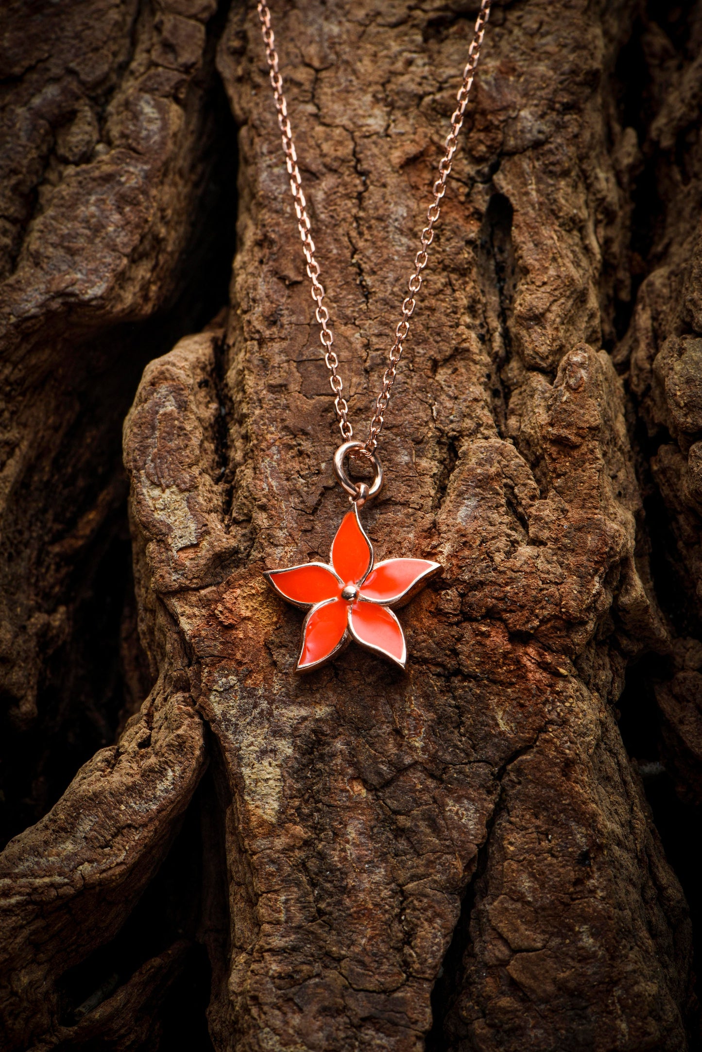 14K Rose Gold Orange Enamel Flower Necklace - Dainty Floral Pendant Gift for Her