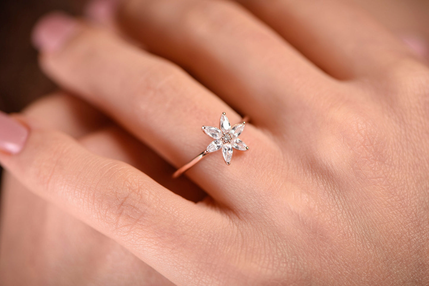 Marquise Diamond Flower Ring – 14K Rose Gold, Dainty Everyday Ring, Natural Diamond Gift, Customizable Floral Design