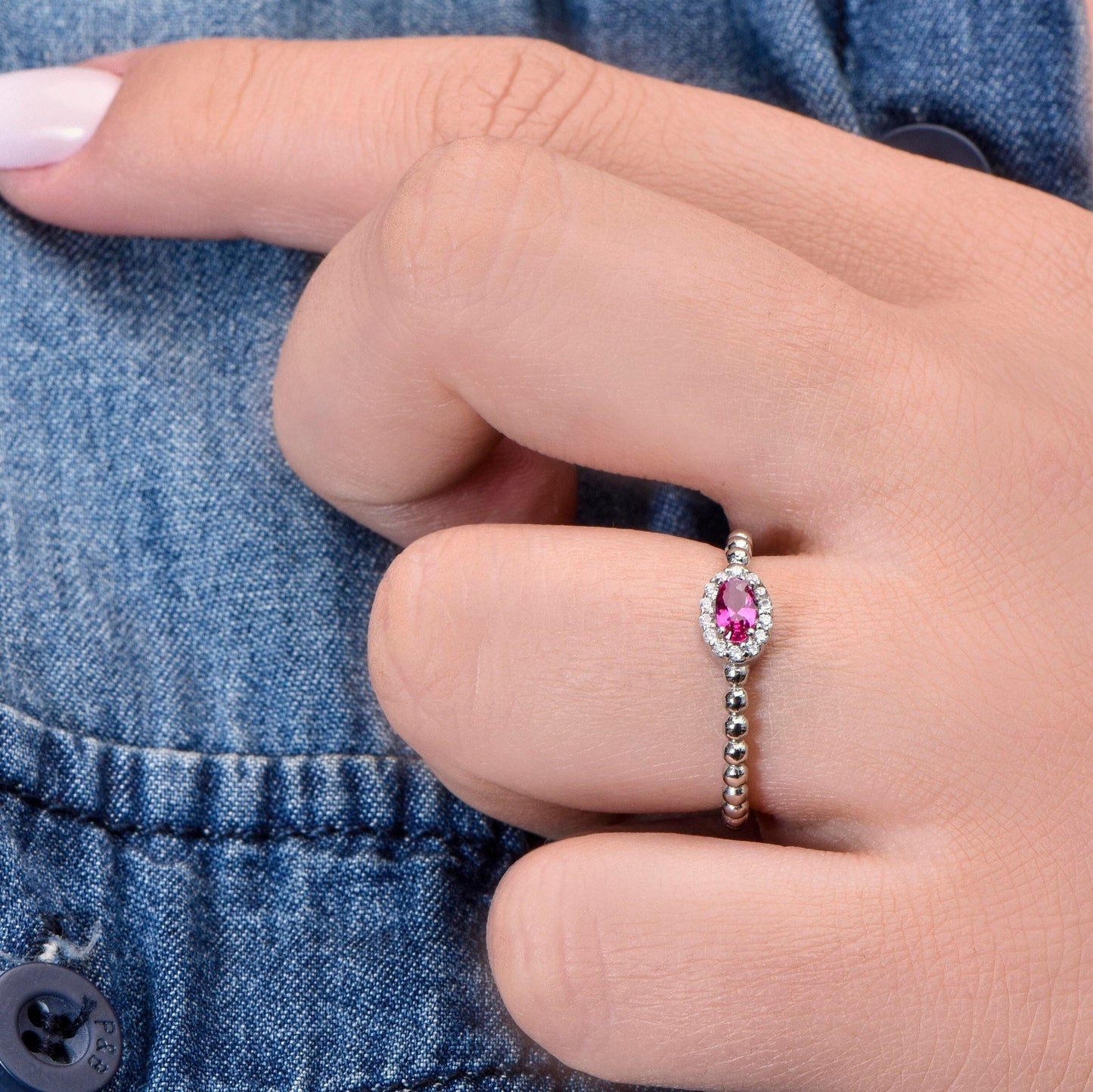 Oval Cut Pink Gemstone Halo Ring – 14K White Gold Beaded Band with Diamonds | Handmade Elegant Mother’s Day Gift