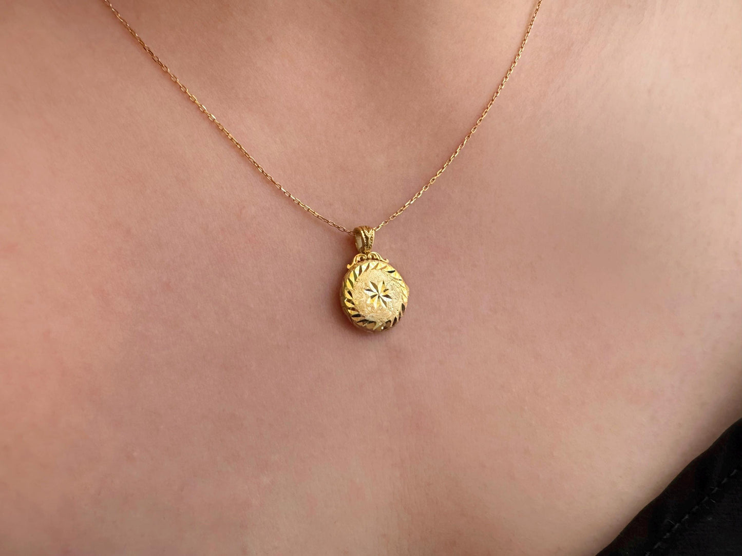 Gold Round Locket Necklace with Star • Custom Photo Pendant • Personalized Gold Locket • Engraved Memorial Gift for Her