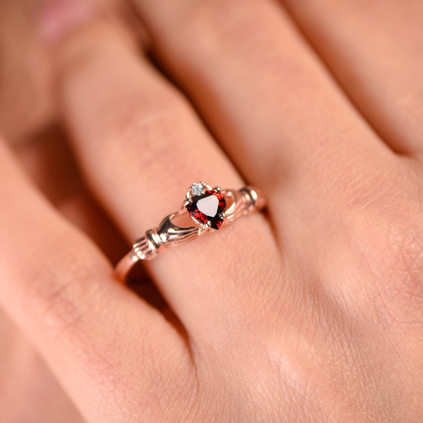Garnet Stone Heart Ring, Design Gold and Garnet Stone Ring, 14k Rose Gold Ring with Garnet Stone,Mother's Day Gift