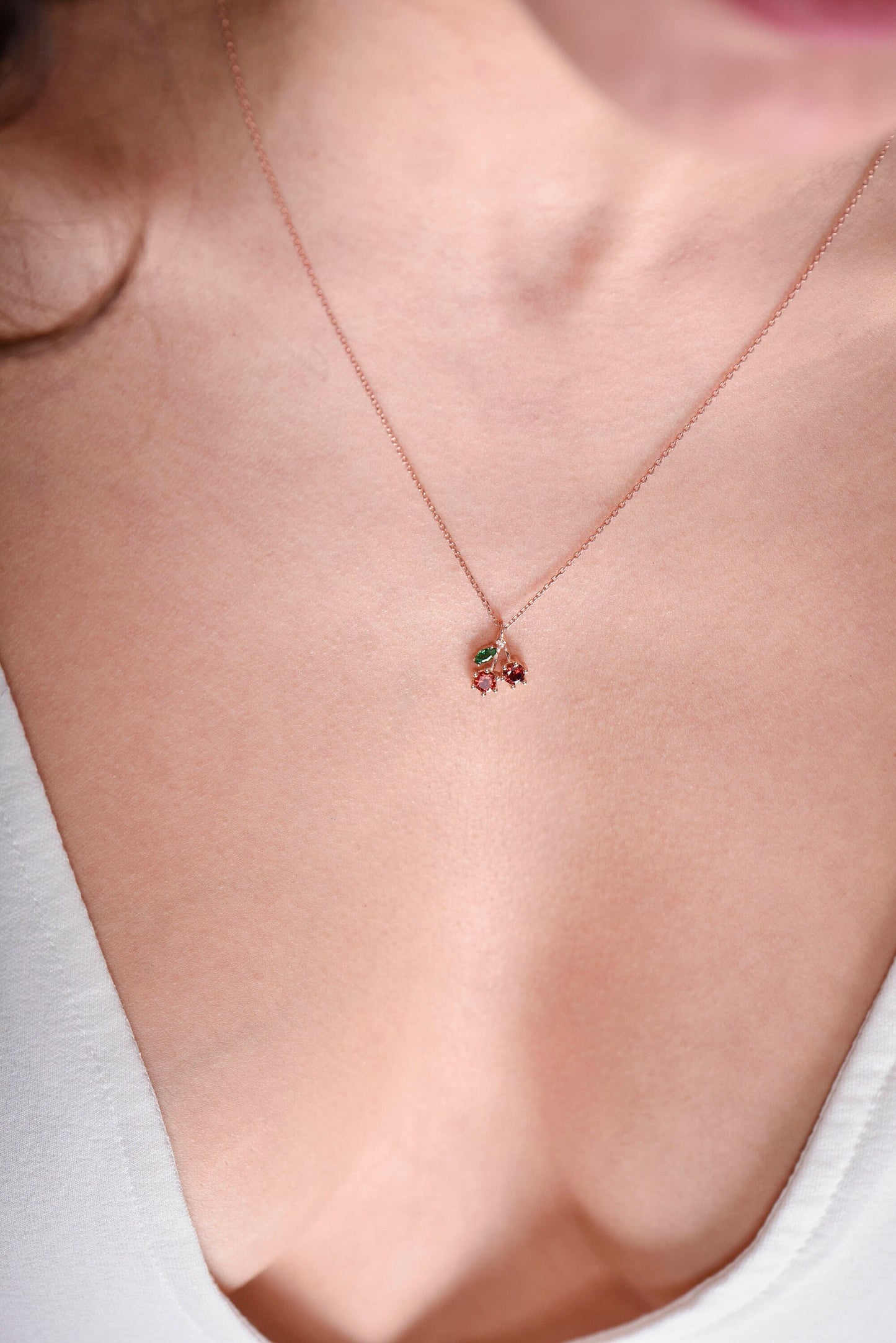 14K Rose Gold Cherry Necklace - Garnet, Emerald, and Diamond Pendant, Dainty Fine Jewelry Gift