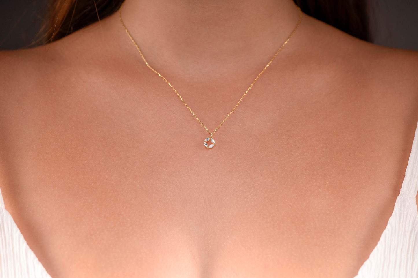 14K Yellow Gold White Sapphire Circle Necklace - Marquise Cut Gemstone Pendant for Women
