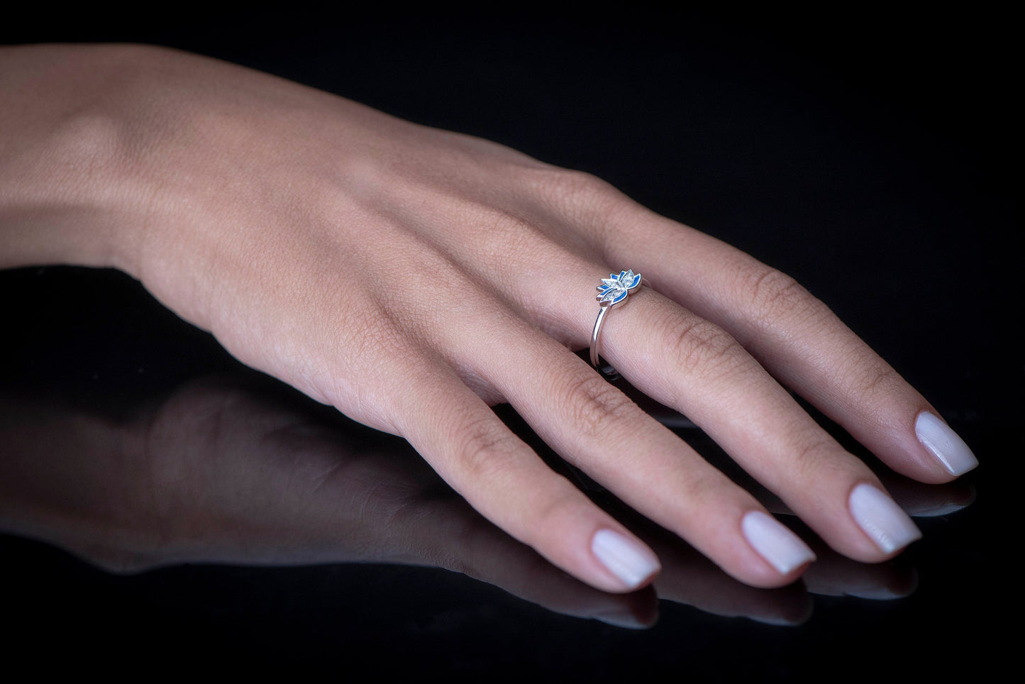14K Gold Lotus Flower Diamond Ring with Blue Enamel, Delicate Nature Inspired Minimalist Design