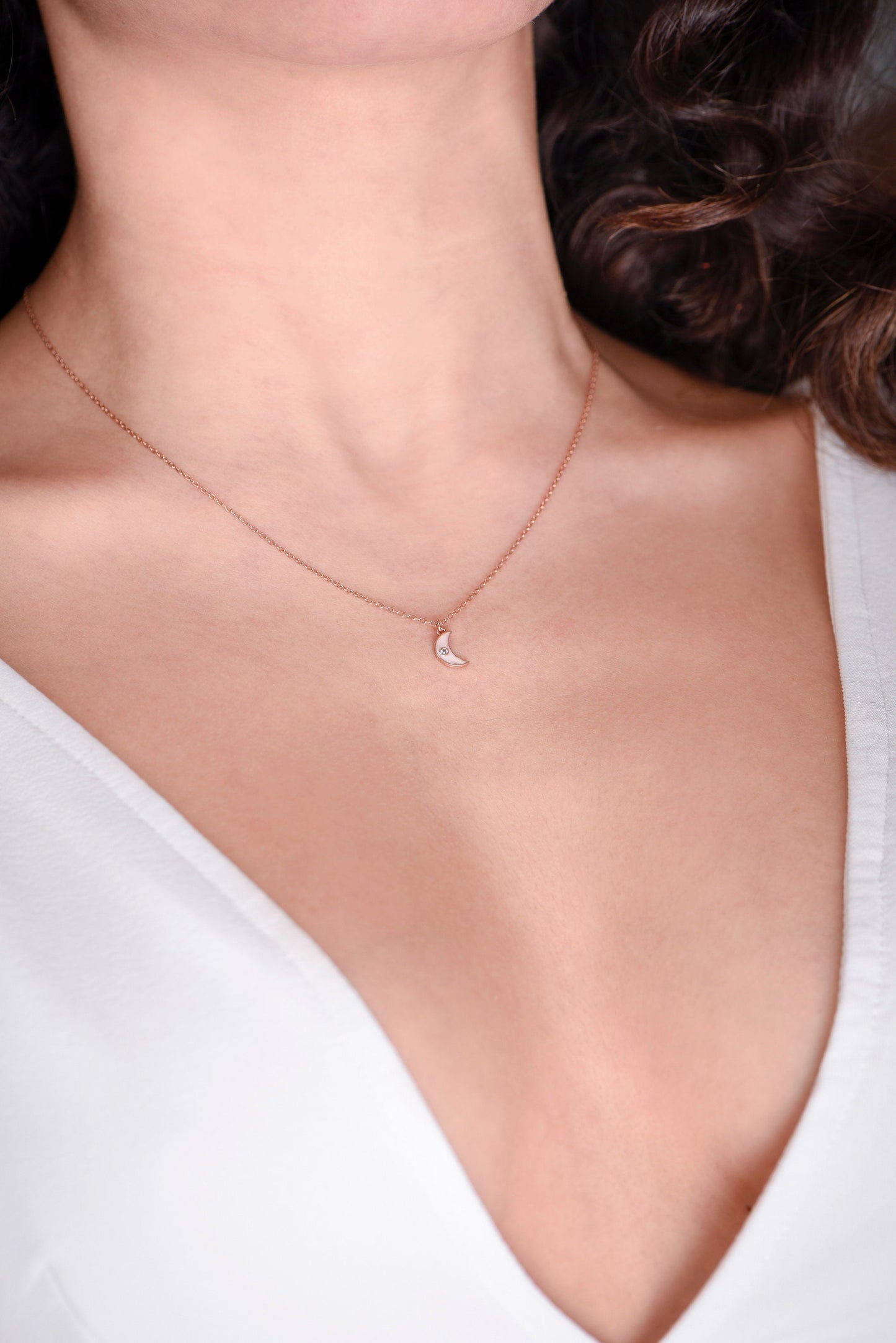 Moon Necklace,Tiny Solid Gold Moon Necklace with Shimmering Diamonds and Enamel Accent,Dainty Crescent Necklace,Christmas Gift Necklace
