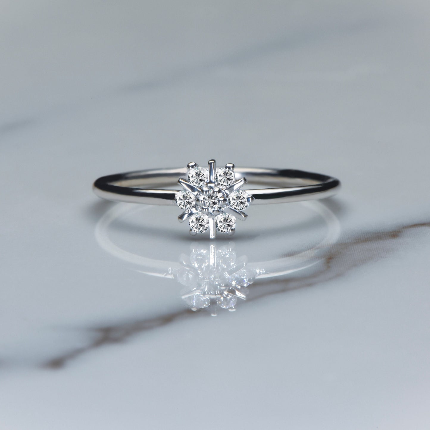 14K White Gold Diamond Snowflake Ring – Minimalist Cluster Engagement Band