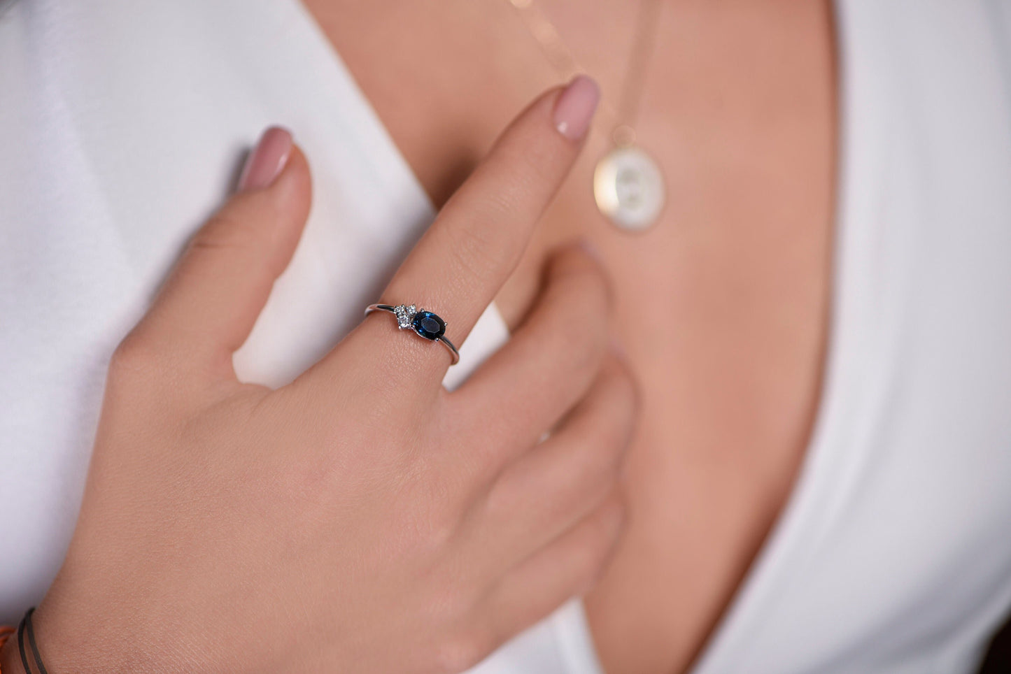 Lab Created Sapphire and Diamond Ring in 14k White Gold – Modern Minimalist Engagement or Gift Ring