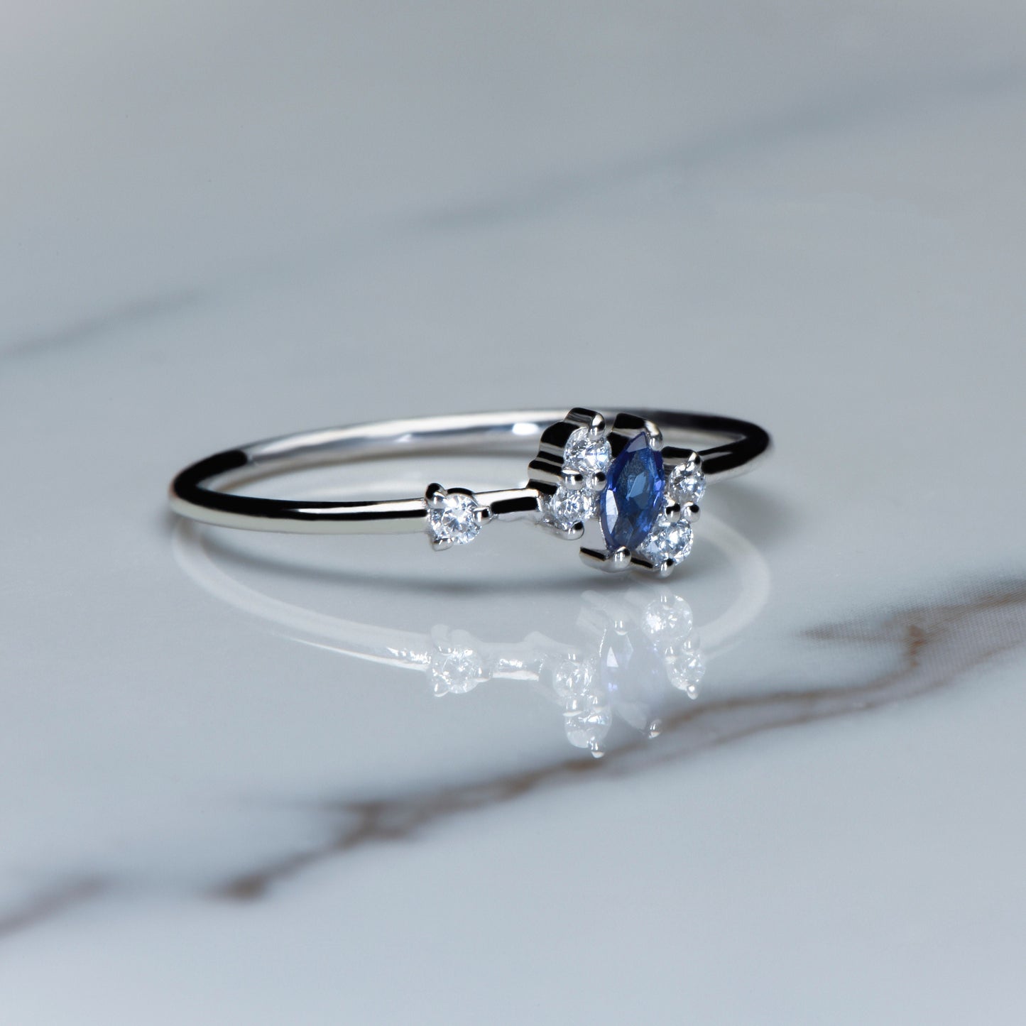 Marquise Sapphire Ring – 14K White Gold | Diamond Accent Band | Minimalist Birthstone Ring | Mother’s Day Gift