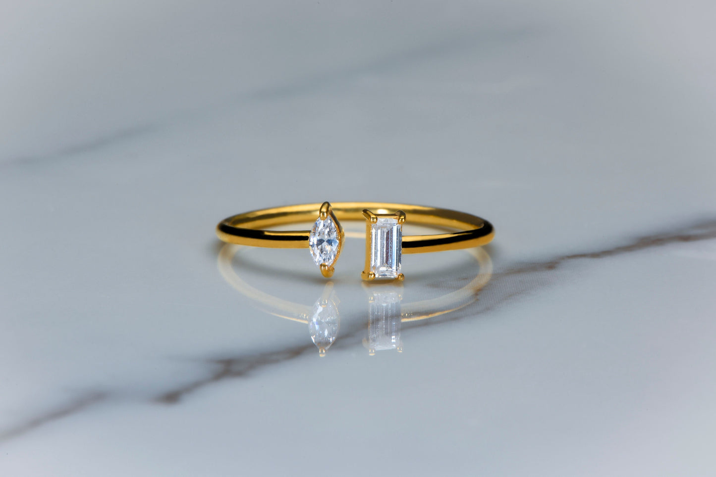 14K Solid Gold Open Ring with Marquise & Baguette Diamond – Minimalist Statement Ring