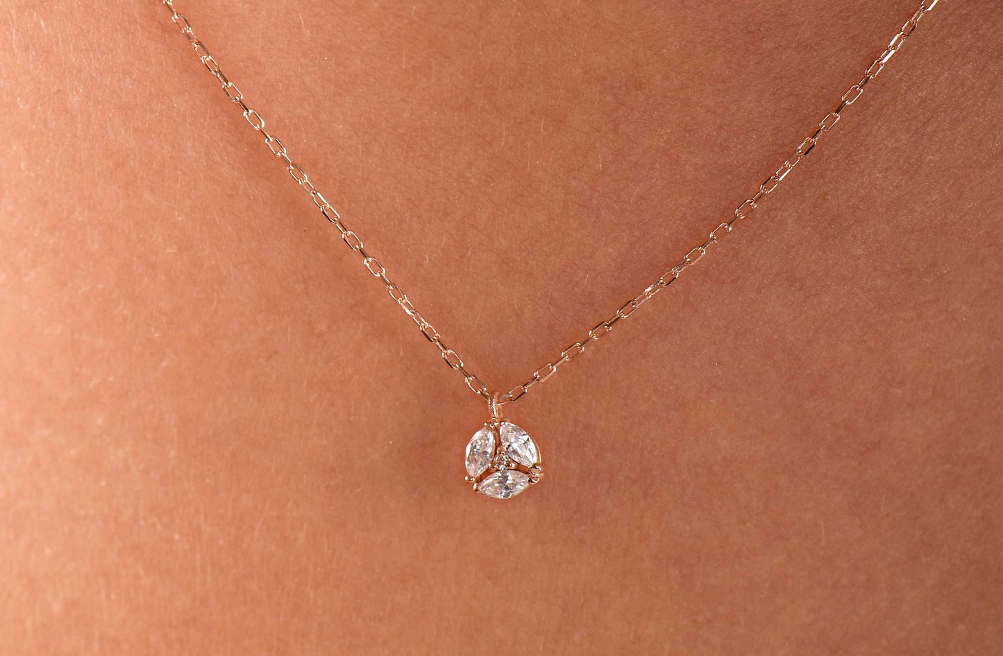 14K Rose Gold White Sapphire Necklace - Marquise Cut Cluster Pendant for Her