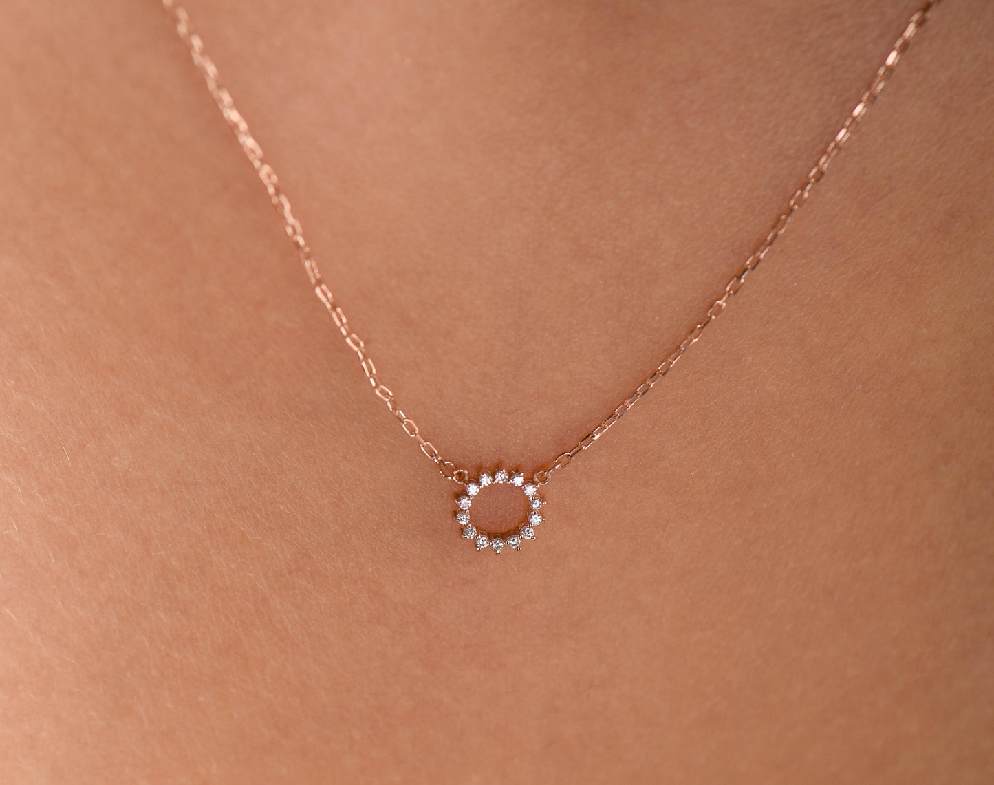 14K Yellow Gold Sunburst Diamond Necklace - Dainty Circle Pendant Gift for Her