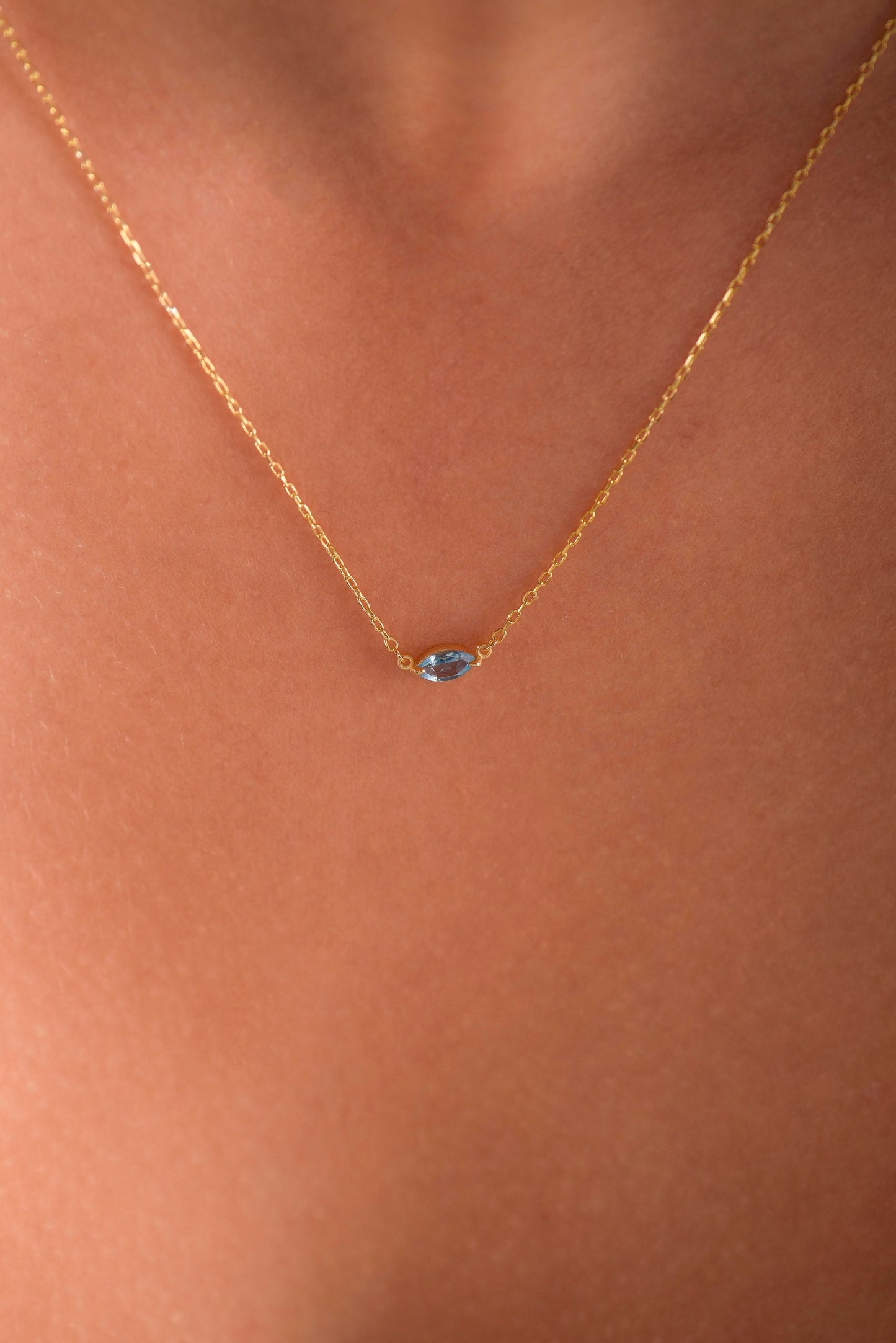 14K Yellow Gold Marquise Aquamarine Necklace - Dainty Blue Gemstone Pendant for Her
