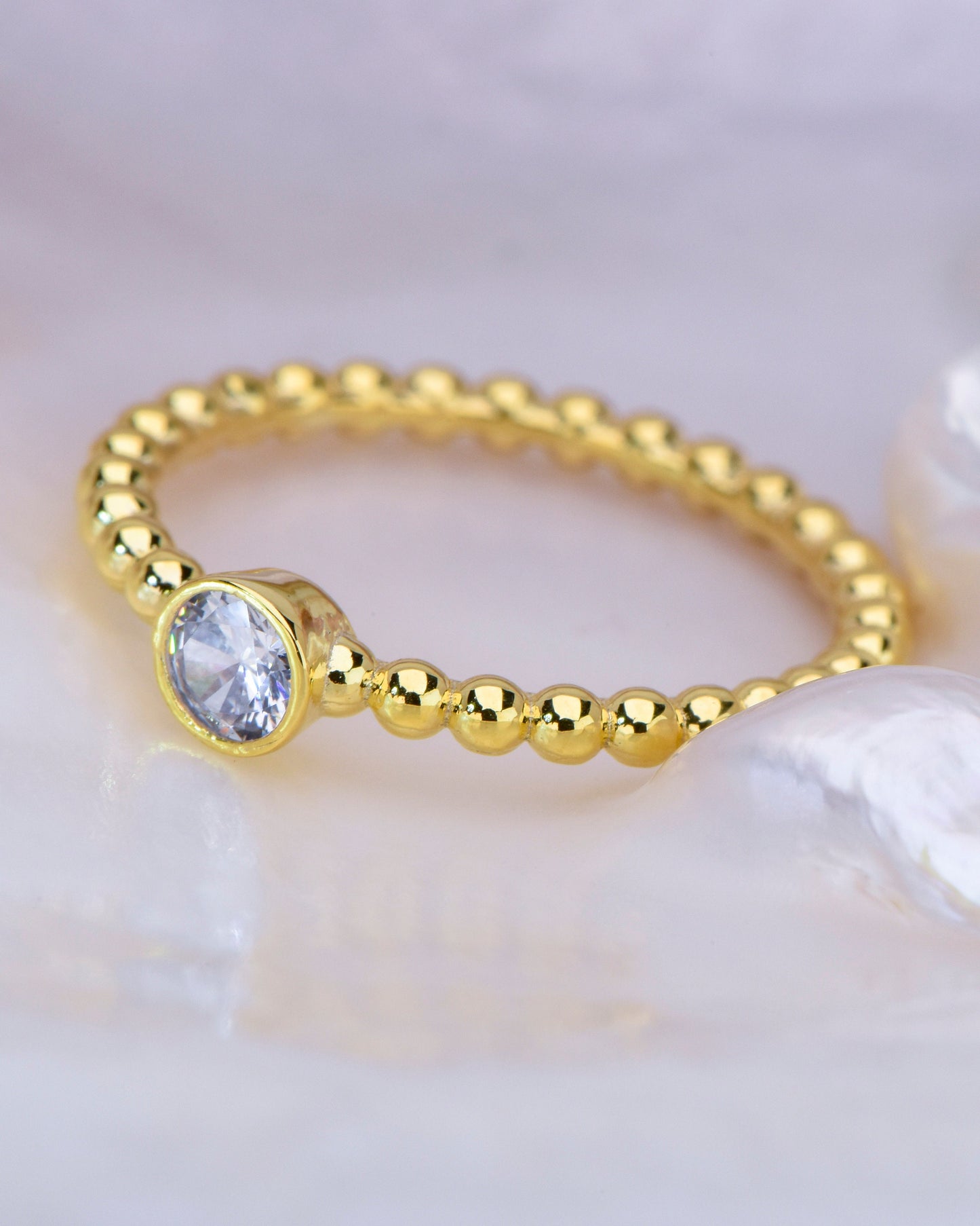 14K Gold Minimal Beaded Ring with 0.10ct Diamond – Dainty Solitaire Ball Band Ring