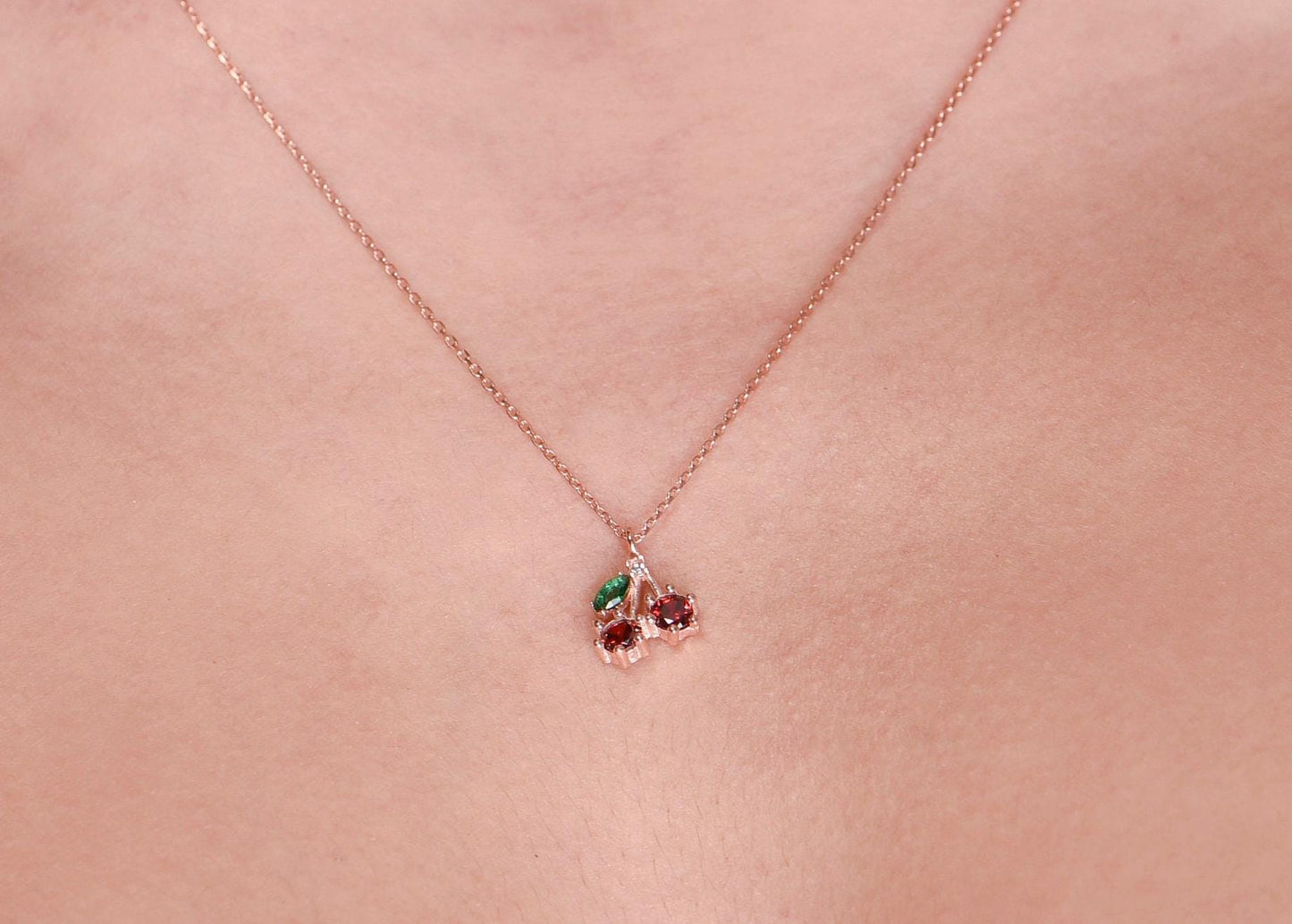 14K Rose Gold Cherry Necklace - Garnet, Emerald, and Diamond Pendant, Dainty Fine Jewelry Gift