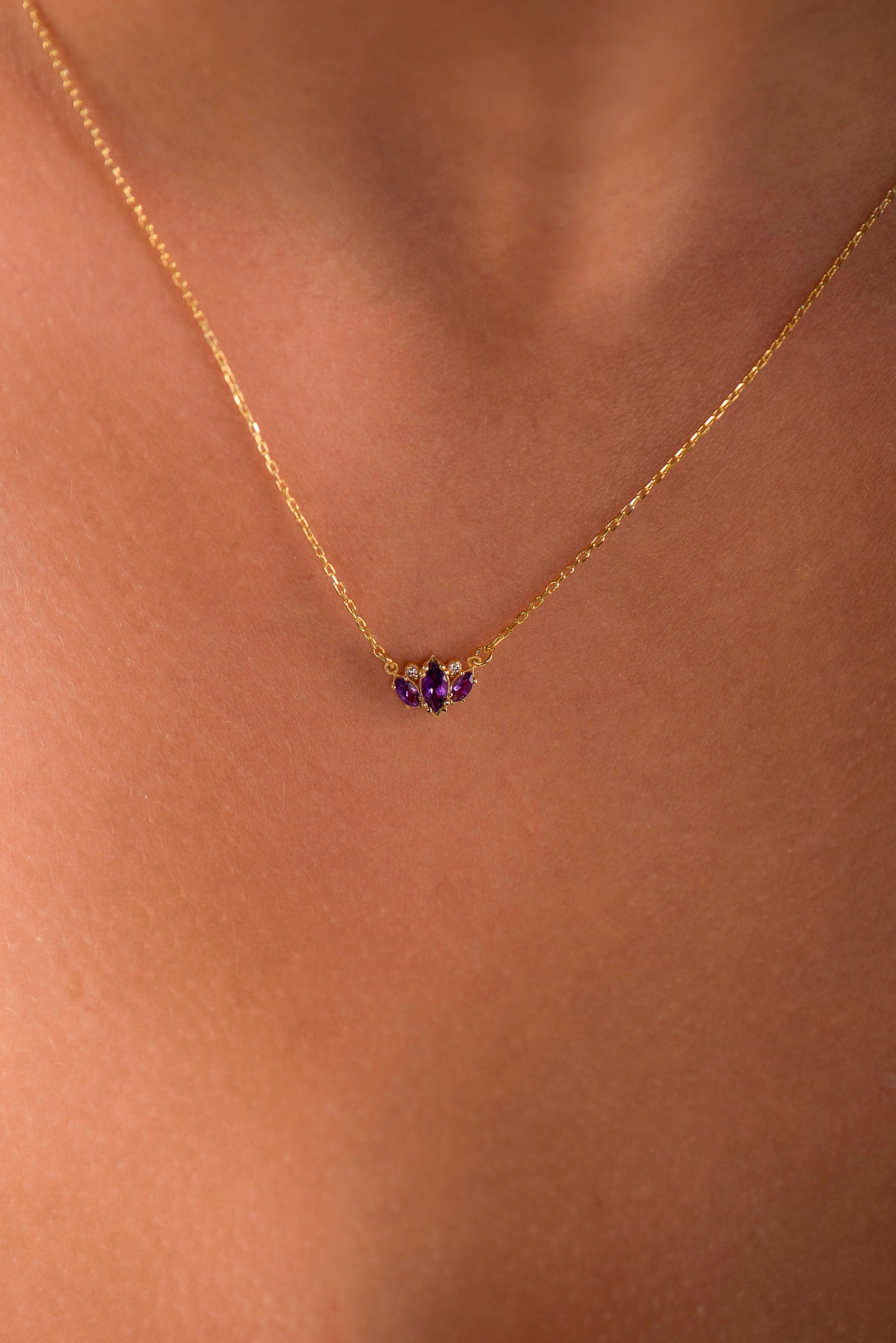 14K Yellow Gold Amethyst and Diamond Necklace - Marquise Cut Minimalist Pendant Gift for Her