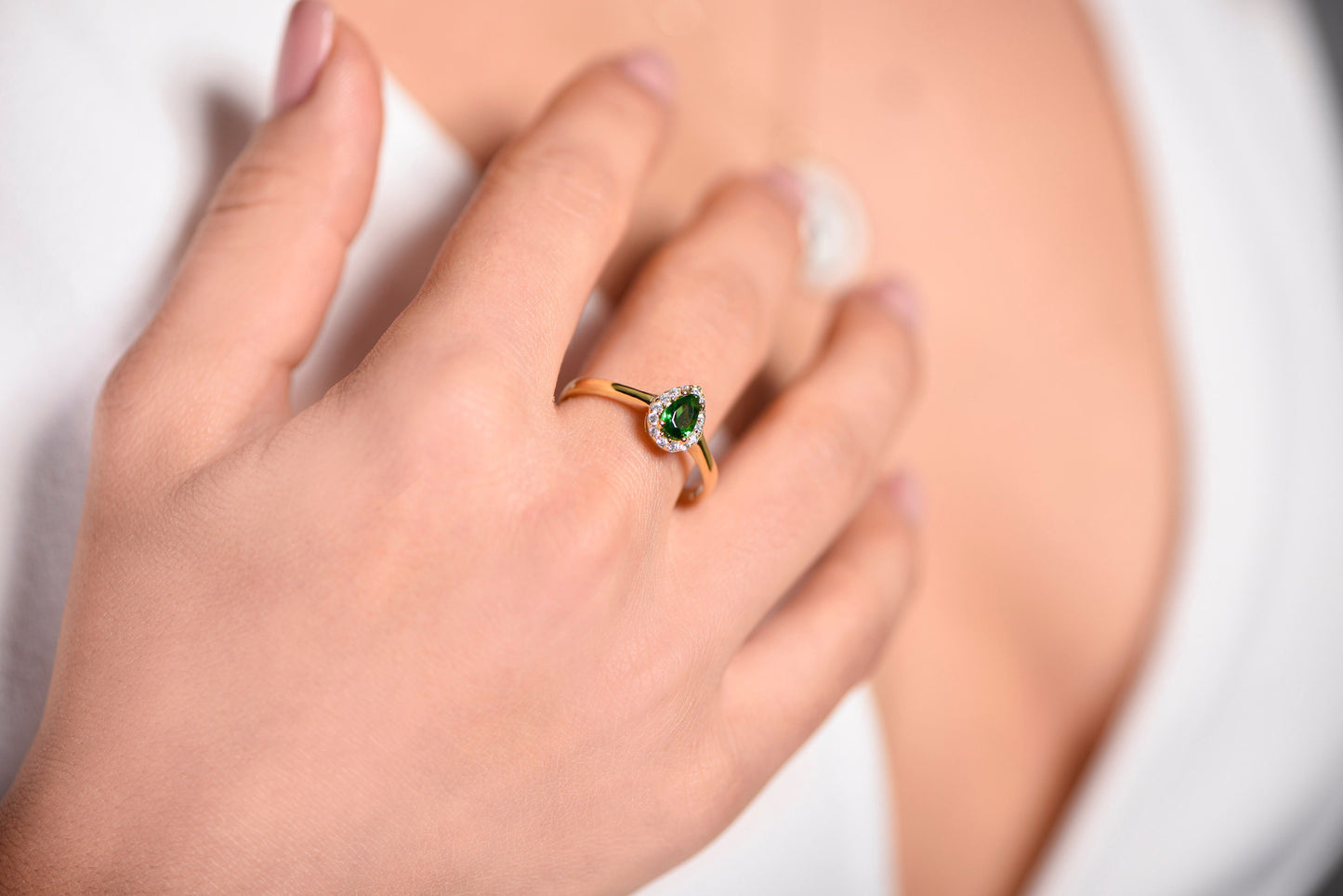 ear Cut Lab Emerald and Diamond Halo Ring in 14k Gold – Vintage Inspired Engagement or Gift for Her