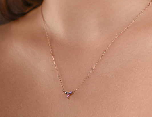 14K Gold Aquamarine, Amethyst and Pink Tourmaline Necklace - Colorful Marquise Gemstone Pendant Gift for Her