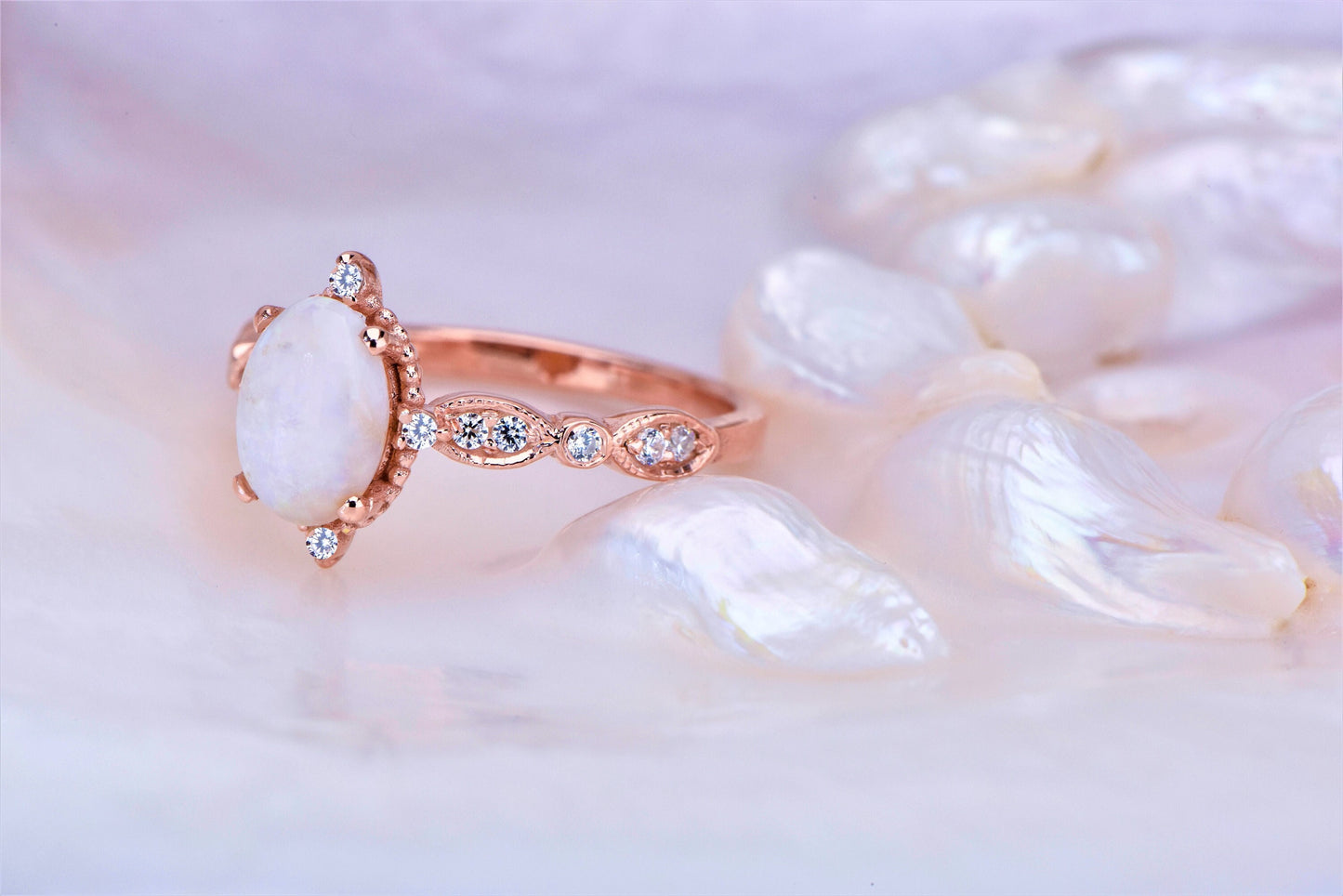 Vintage Opal and Diamond Ring in Solid 14k Gold – Rose Gold Oval Engagement Ring – October Birthstone Gift for Her