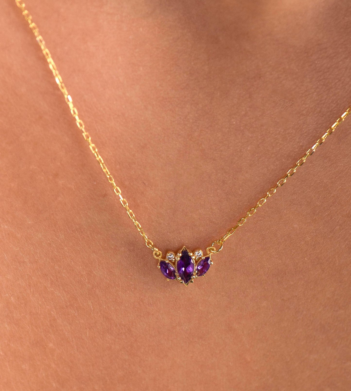 14K Yellow Gold Amethyst and Diamond Necklace - Marquise Cut Minimalist Pendant Gift for Her