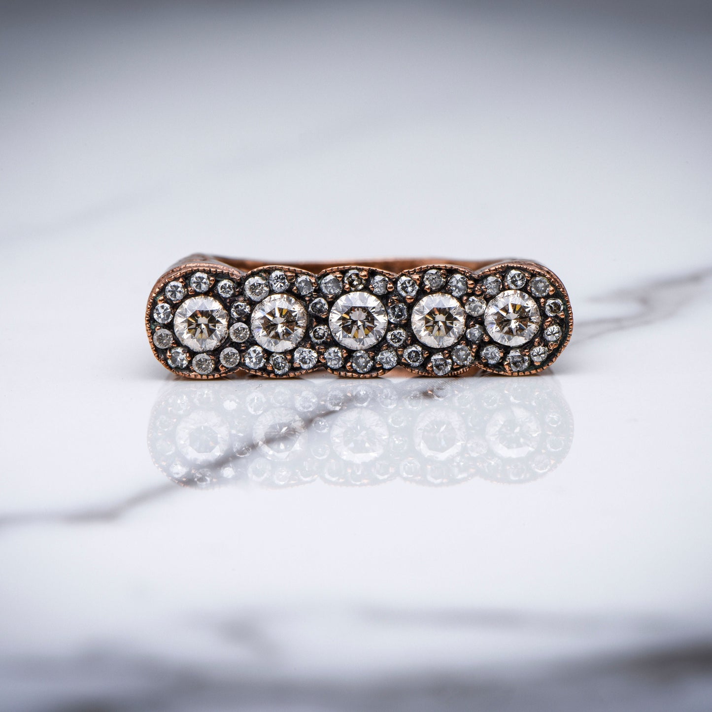 Solid Gold Ring, 5 Stone Ring with Antiqued Detail, Vintage Style Diamond Ring, April Gift Ring, Wedding Gift Ring,Gift For Mom