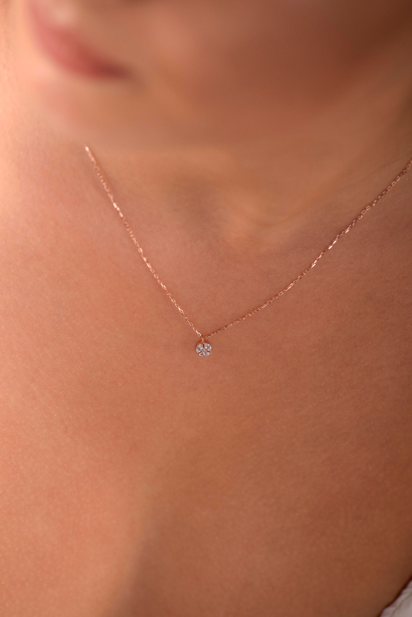 14K Rose Gold White Sapphire Necklace - Marquise Cut Cluster Pendant for Her