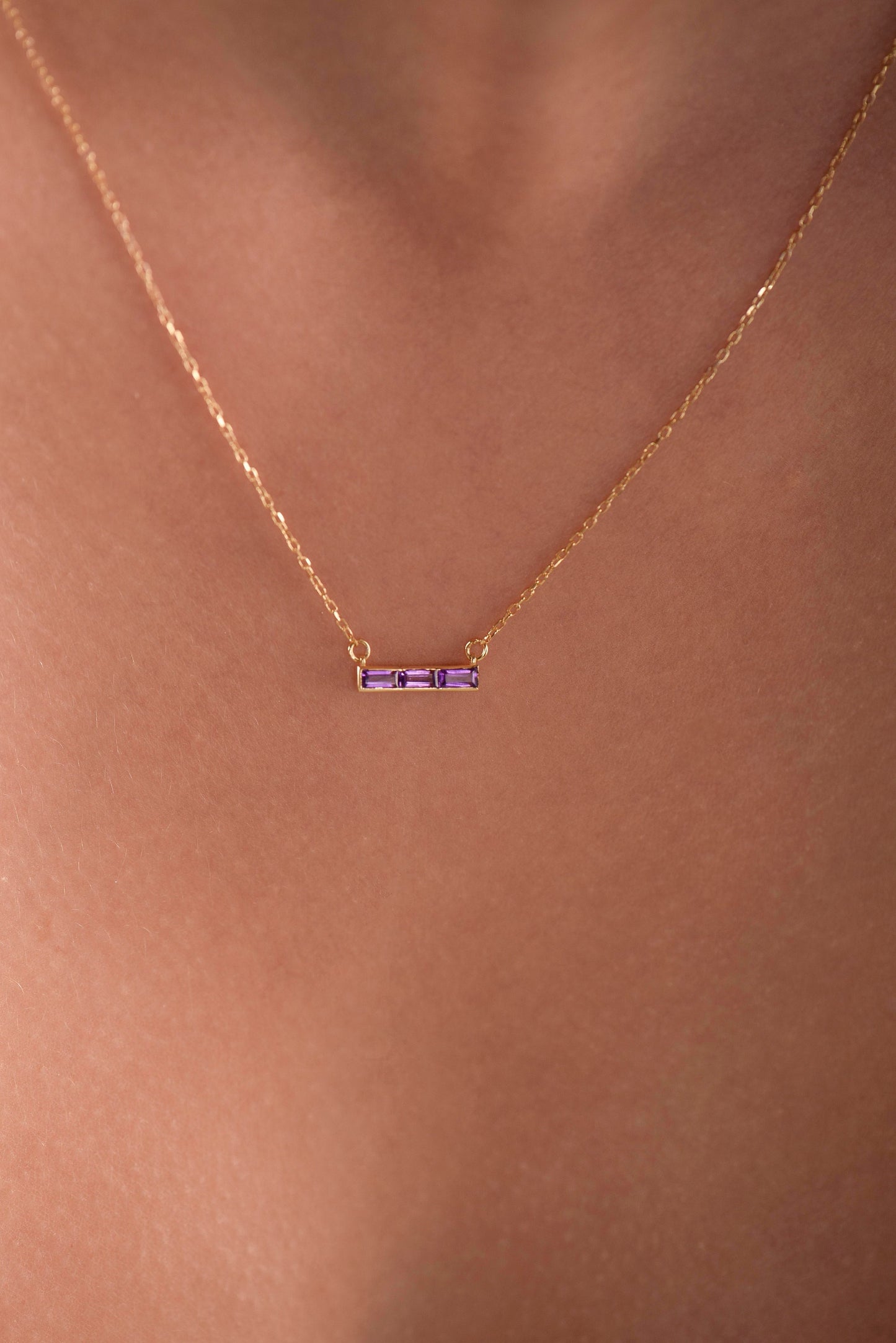 14K Yellow Gold Baguette Amethyst Bar Necklace - Dainty Purple Gemstone Pendant for Her