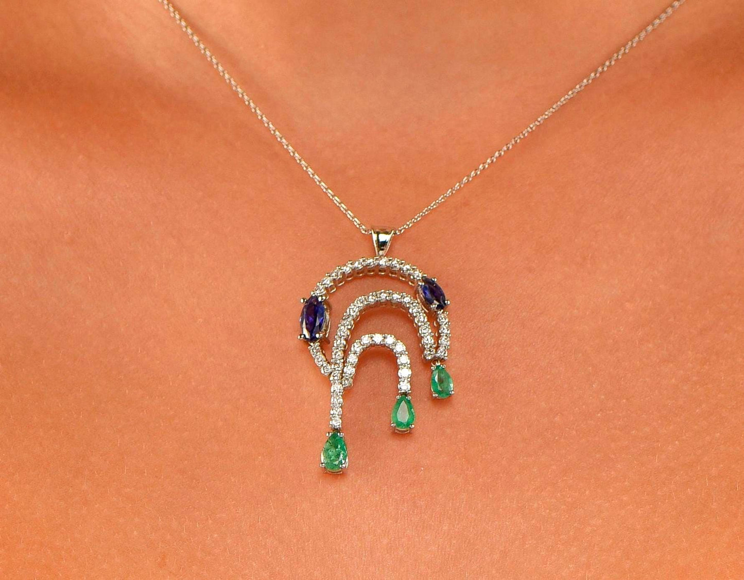 18K White Gold Diamond Emerald Sapphire Necklace - Luxury Statement Layered Pendant Fine Jewelry Gift