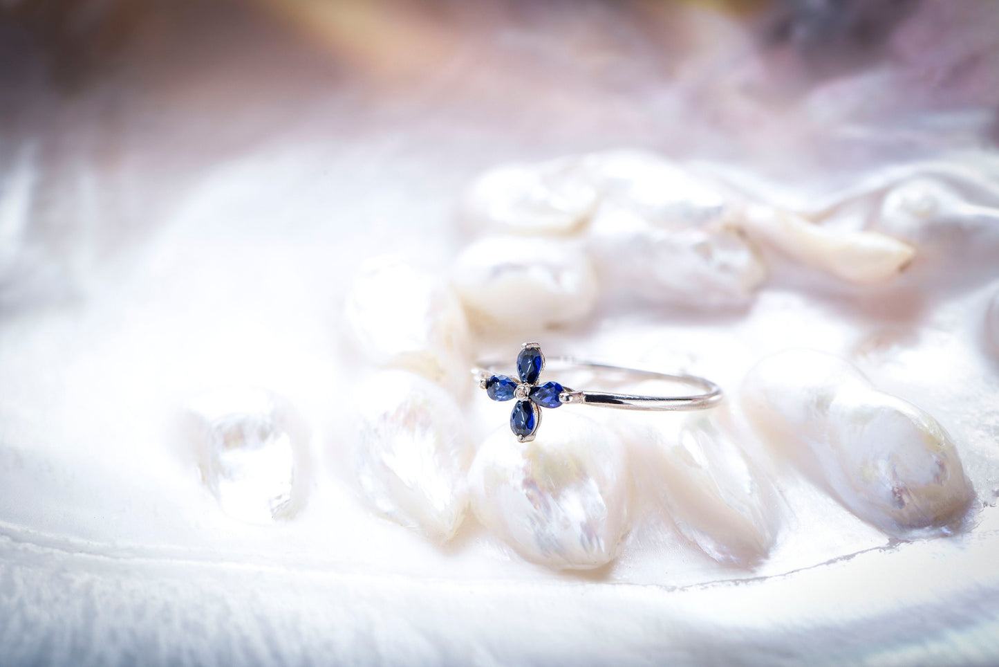 Dainty Sapphire Flower Ring in 14k 8k Gold, Teardrop Cut Blue Gemstone, Delicate Floral Fine Jewelry