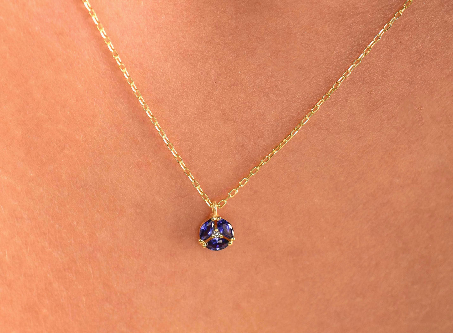 14K Yellow Gold Sapphire and Diamond Necklace - Marquise Cut Blue Gemstone Pendant for Her