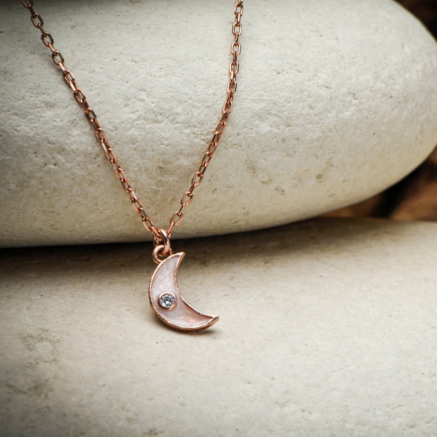 Moon Necklace,Tiny Solid Gold Moon Necklace with Shimmering Diamonds and Enamel Accent,Dainty Crescent Necklace,Christmas Gift Necklace