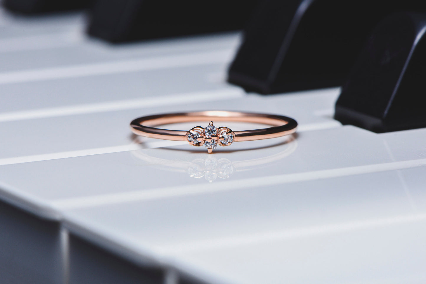 14K Rose Gold Minimalist Diamond Ring, Dainty Thin Band with Four Round Cut Diamonds, Everyday Fine Jewelry for Her