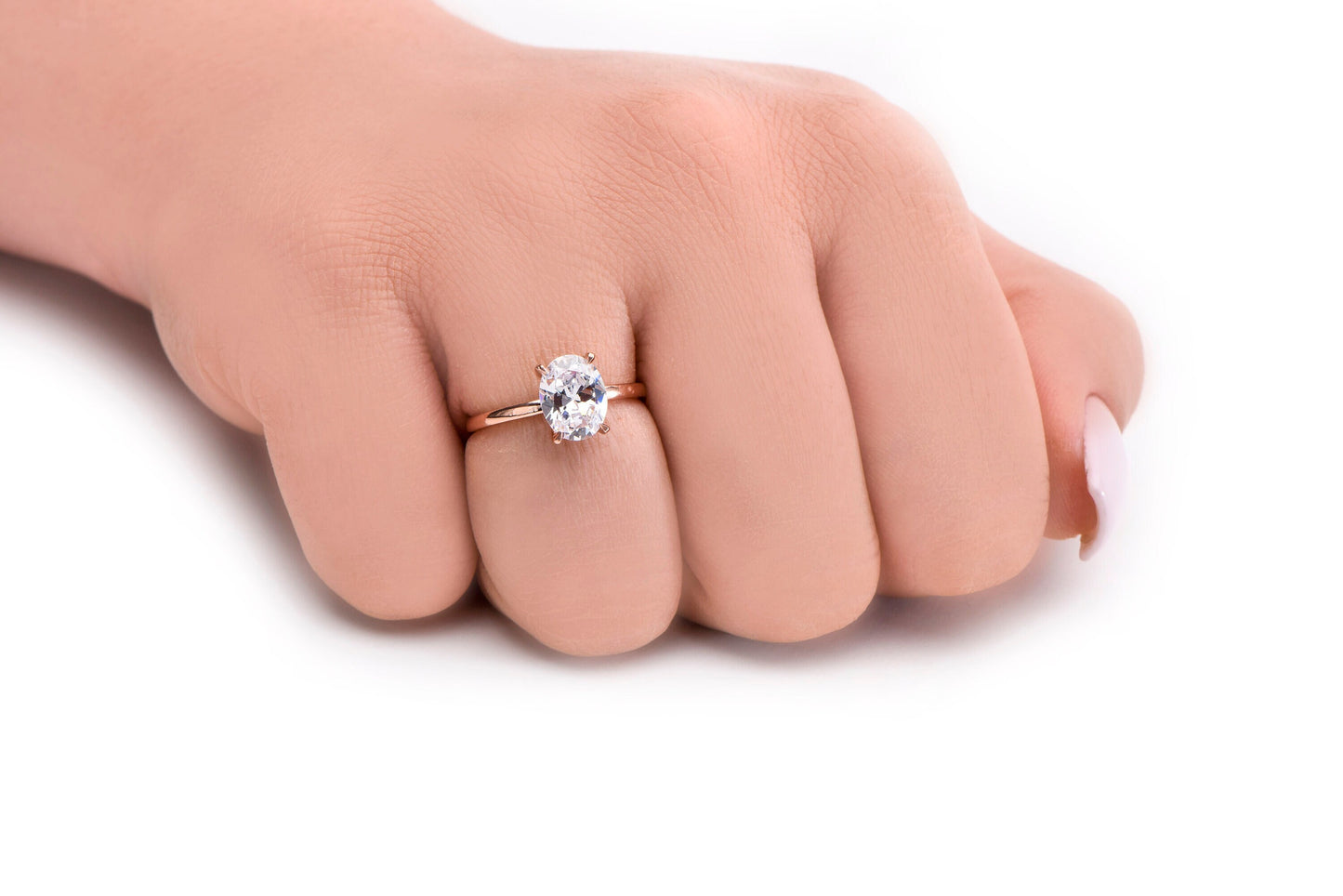 Oval Moissanite Engagement Ring – 2.00ct, 14K Rose Gold, Handmade Solitaire Ring with Accent Stones