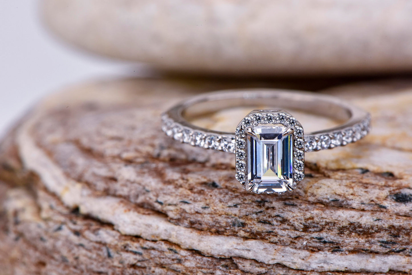 Emerald Cut Moissanite Halo Engagement Ring – 14K White Gold, GIA Certified, Dainty Handmade Ring, Customizable Gemstone Option