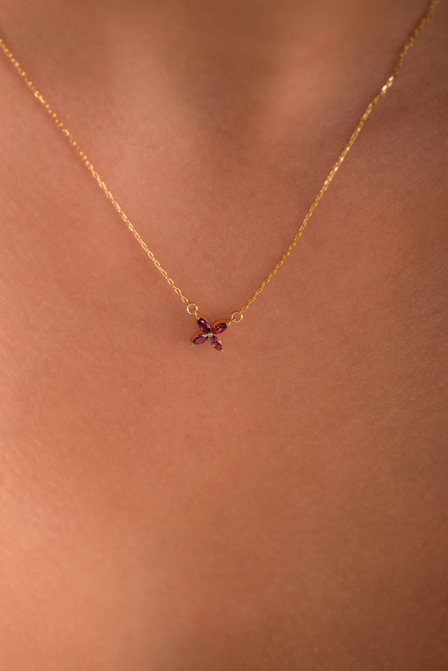 14K Yellow Gold Amethyst Flower Necklace - Marquise Cut Purple Gemstone Pendant for Her