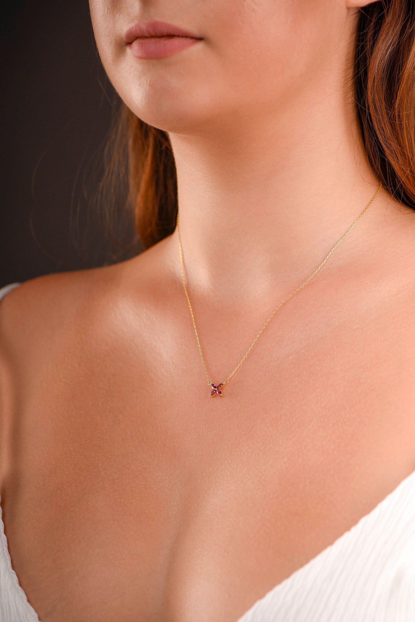 14K Yellow Gold Amethyst Flower Necklace - Marquise Cut Purple Gemstone Pendant for Her