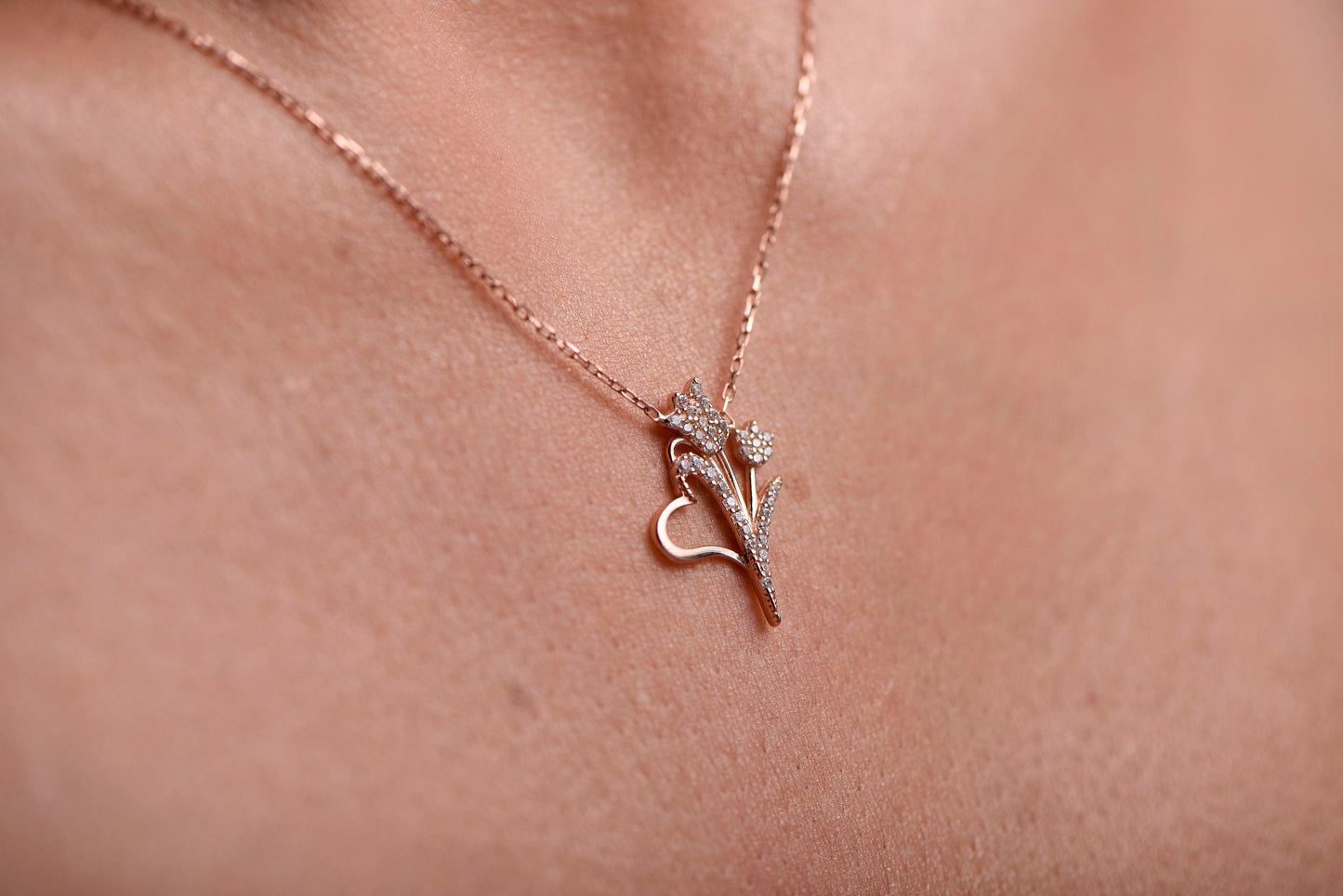 Handcrafted Rose Gold Heart Flower Necklace with Sparkling Diamonds - Stunning Statement Piece-Christmas Gift Necklace-X-mas Gift Necklace