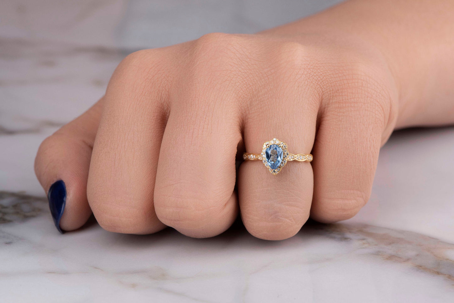 Pear Cut Blue Topaz and Diamond Ring in 14k Gold – Vintage Engagement or Mother’s Day Gift for Her