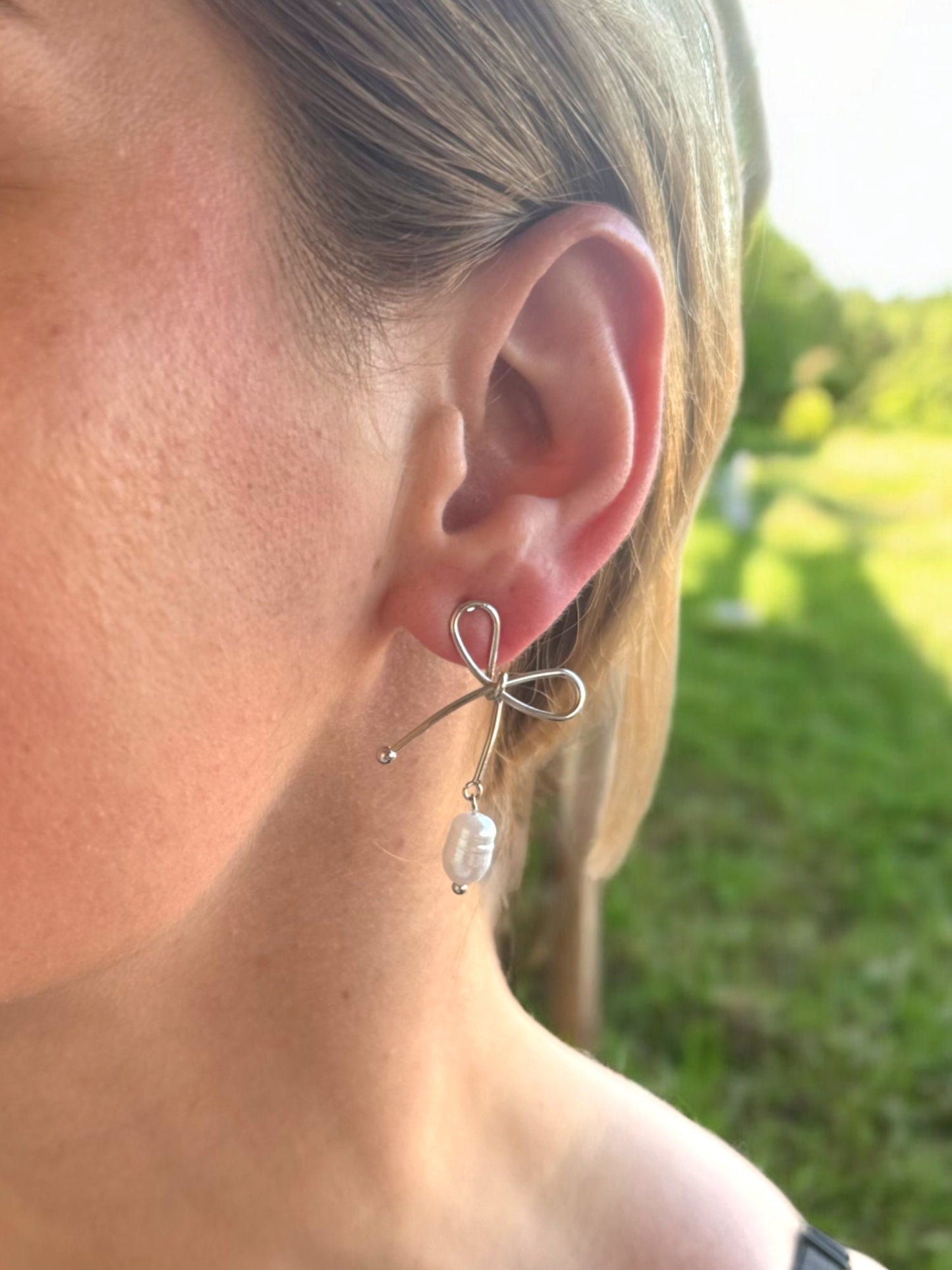 Ribbon Pearl Earrings, Solid Gold Ribbon Pearl Earrings, Pendant Pearl Earrings, Bridal Gift Ribbon Pearl Earrings, Christmas Gift Earrings