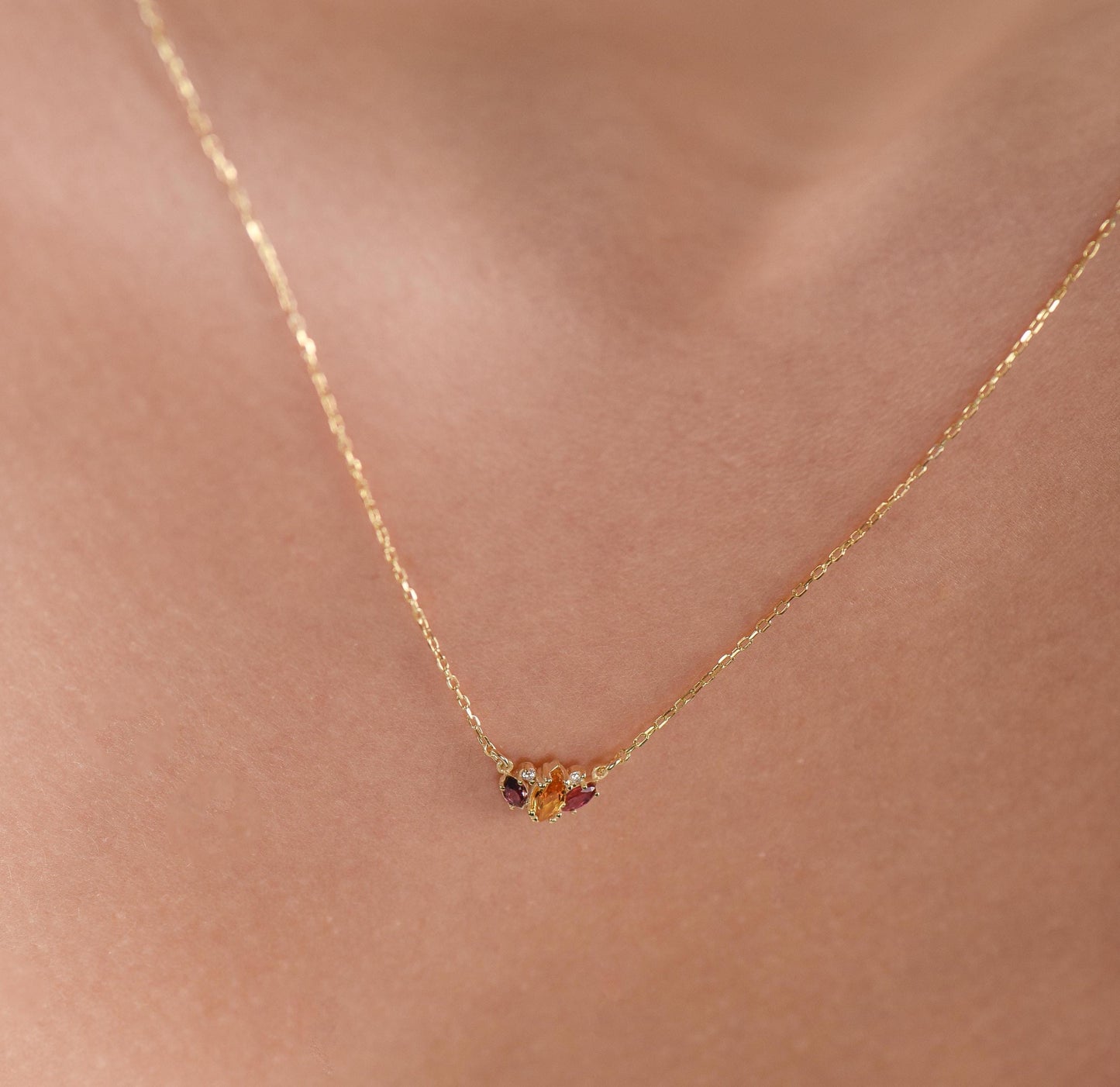 14K Yellow Gold Citrine and Garnet Necklace with Diamonds - Marquise Cut Gemstone Pendant for Her
