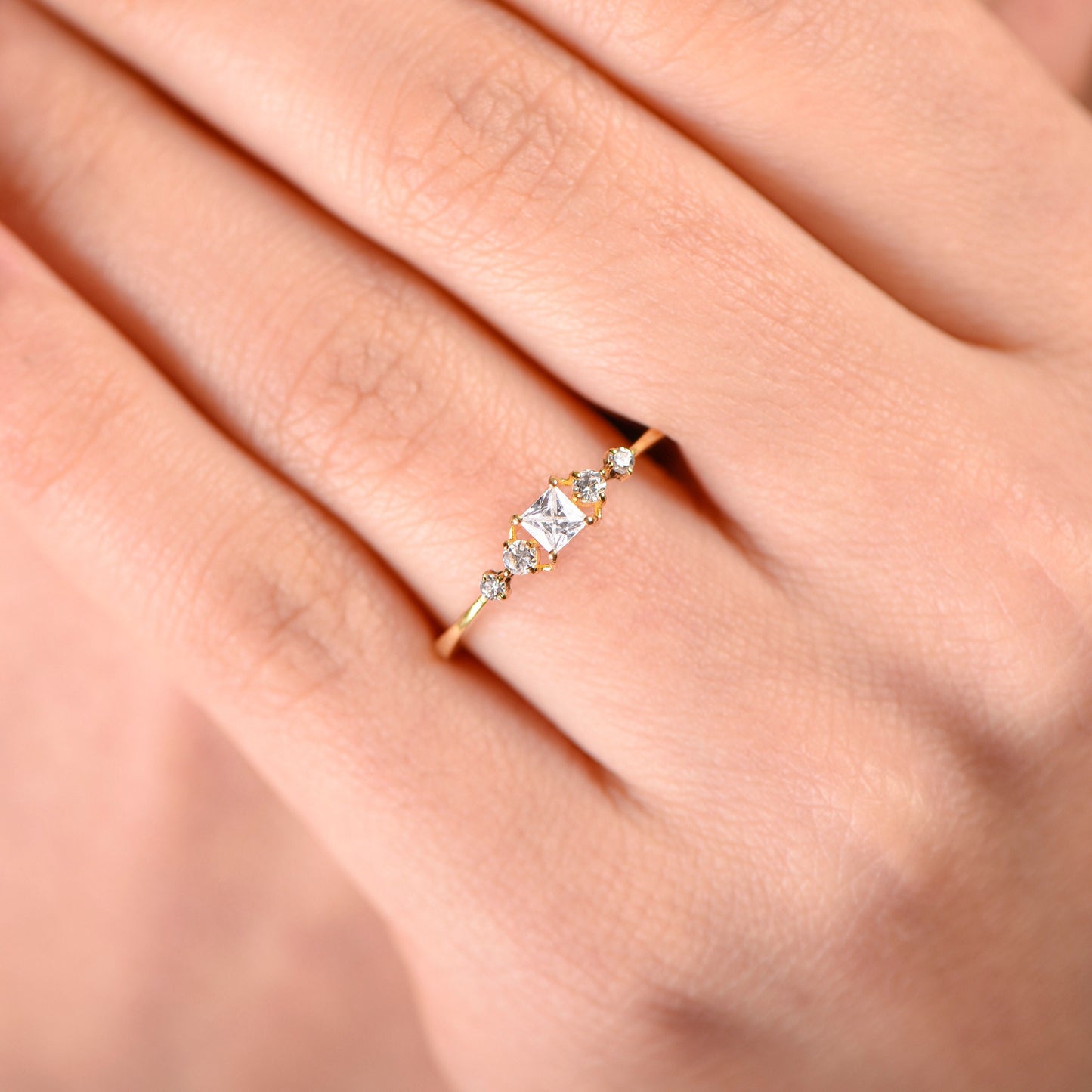 14K Gold Princess Cut Diamond Ring, Dainty Thin Band Engagement Ring with Side Round Accents, Elegant Gift for Her