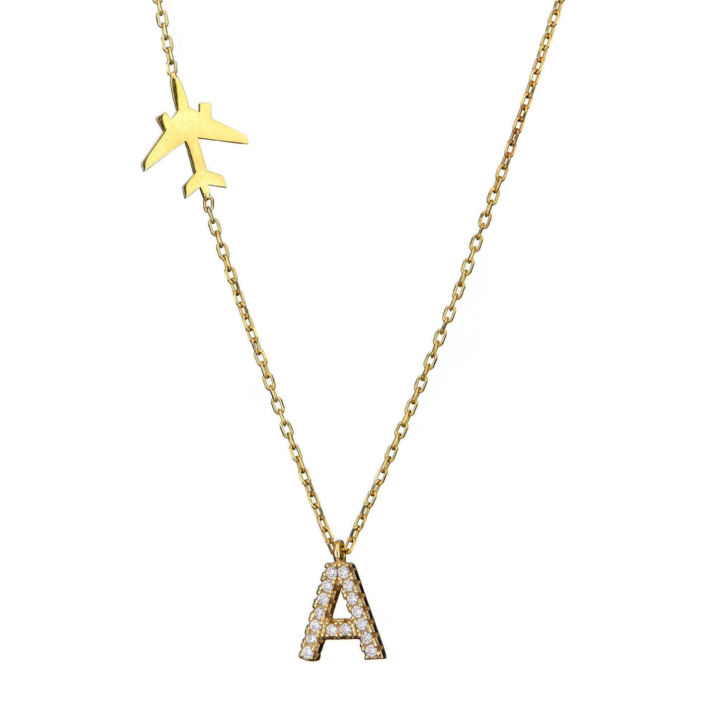 14K Gold Letter Airplane Necklace/Diamond Letter Necklace/Gold Aircraft Necklace/Personalized Letter Necklace/Gift For Mom