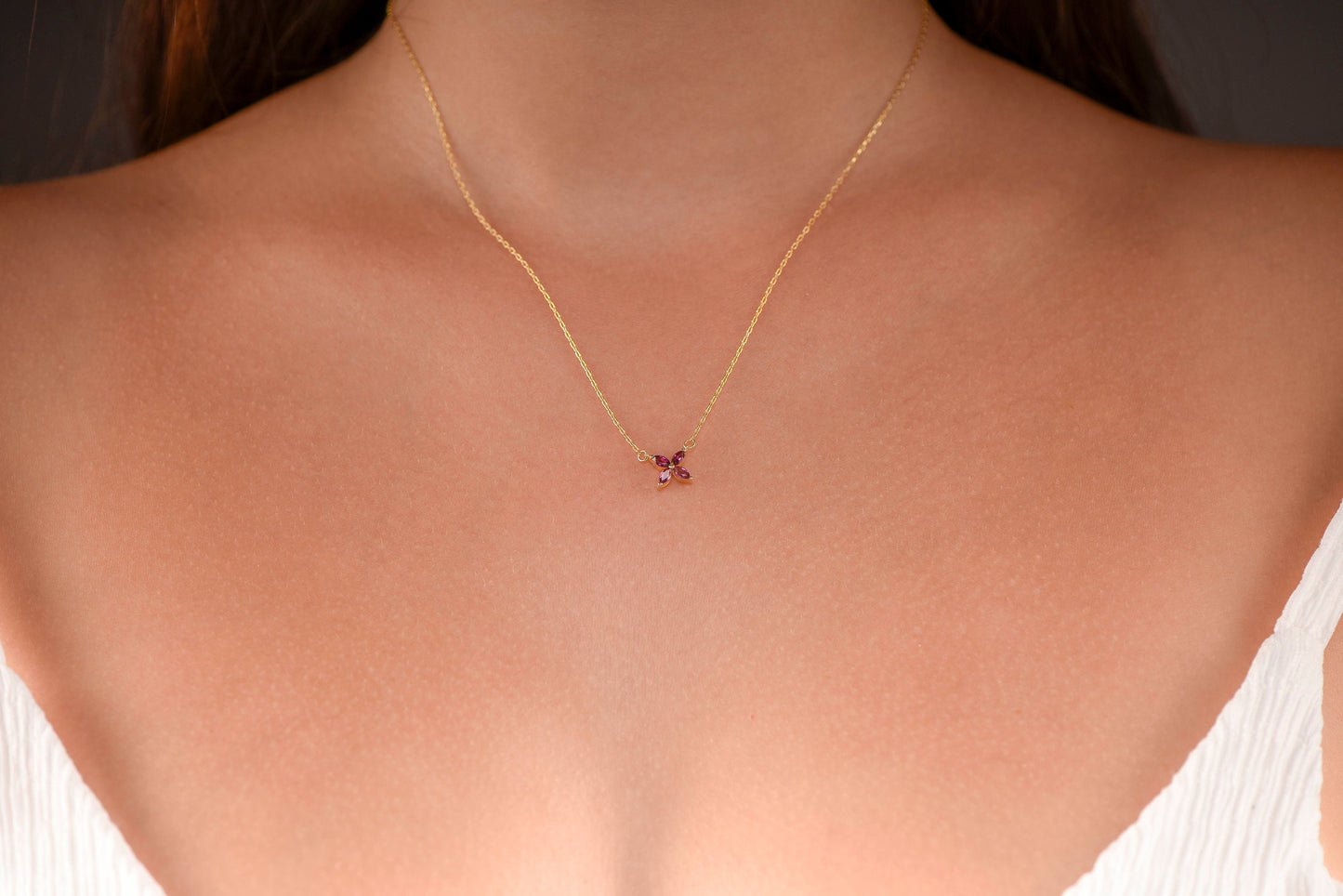 14K Yellow Gold Amethyst Flower Necklace - Marquise Cut Purple Gemstone Pendant for Her