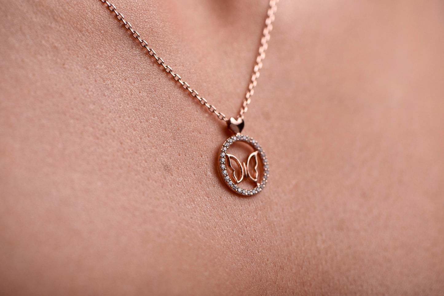 Solid Gold Butterfly Necklace -Butterfly Rose Gold Necklace with Dainty Diamonds - Handcrafted Statement Piece-Christmas Gift Necklace