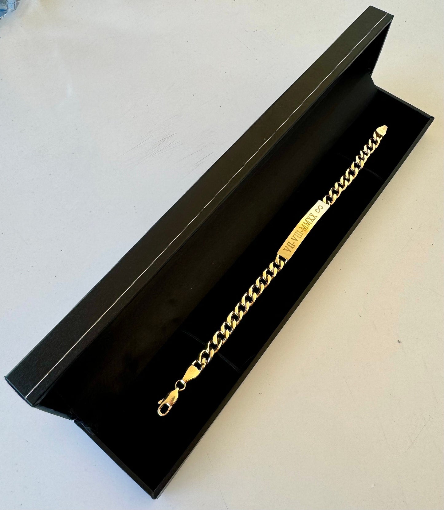 14K Gold ID Bracelet, Name Date Bar Cuban Link Bracelet, Personalized Engraved Bar Gold Bracelet,Valentine’s Day Gift,Gift for Love