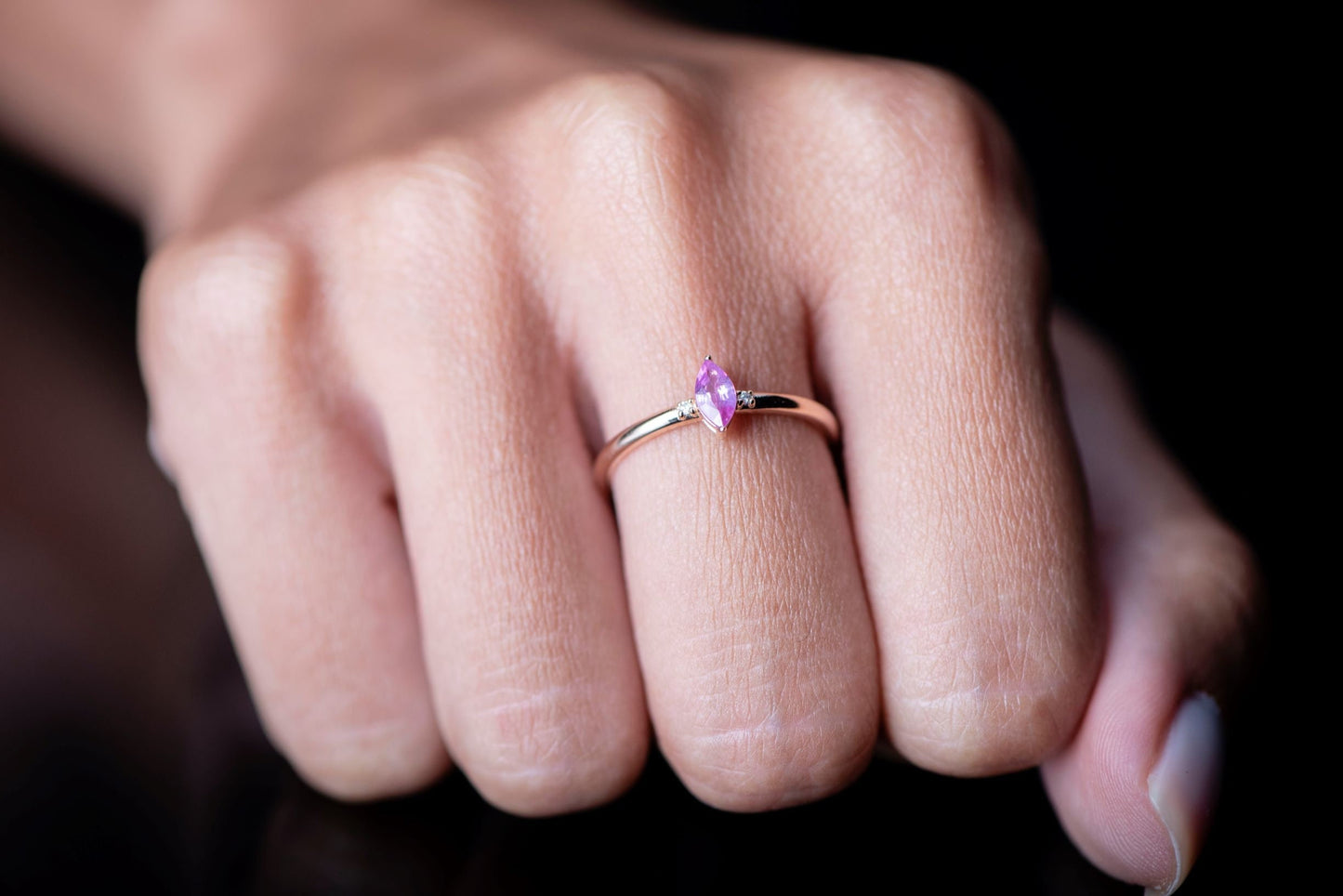 Marquise Cut Pink Sapphire and Diamond Ring – 14K Solid Gold Dainty Gemstone Band | Handmade Elegant Gift for Mother’s Day