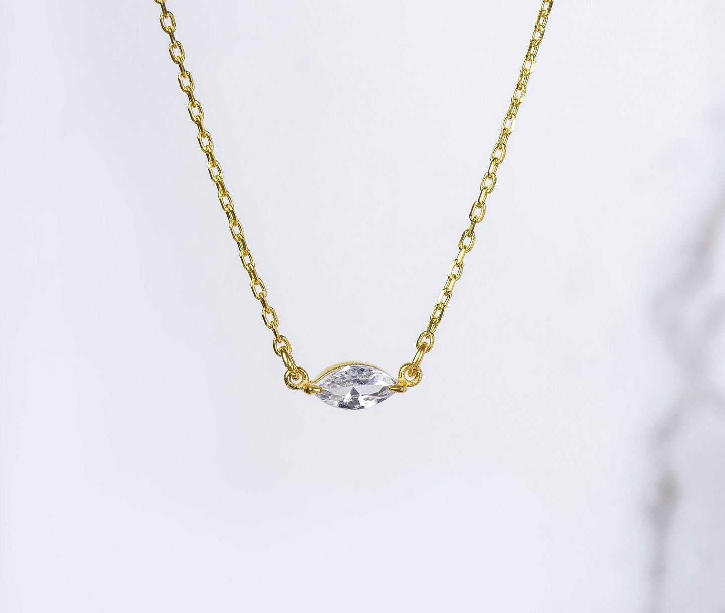 14K Gold Marquise Gemstone Necklace – Dainty Bezel Set Necklace in Yellow, White or Rose Gold