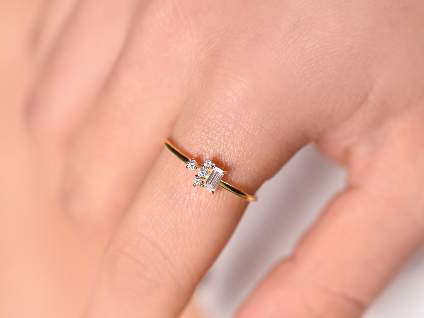 14K Gold Diamond Ring with Baguette and Round Cut Stones, Minimalist Thin Band Engagement Ring, Dainty Fine Jewelry for Her