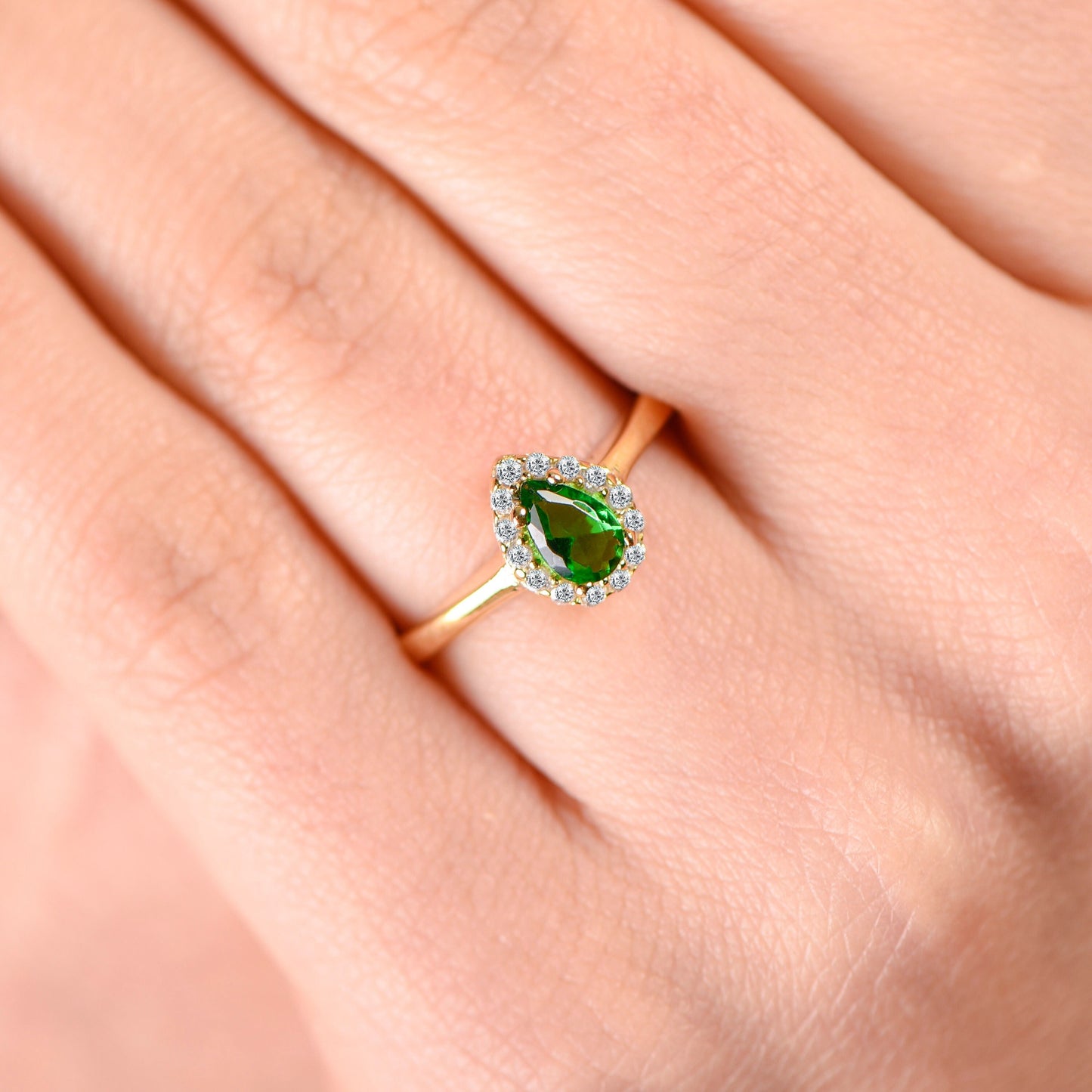 ear Cut Lab Emerald and Diamond Halo Ring in 14k Gold – Vintage Inspired Engagement or Gift for Her
